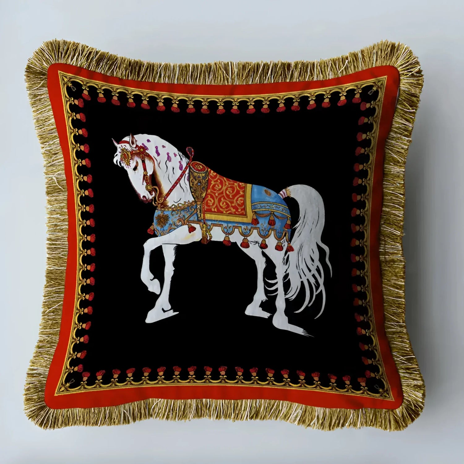 Royal Euro horse velvet throw pillow cover featuring a beautifully designed horse illustration with fringes, perfect for adding a touch of elegance to any home decor.