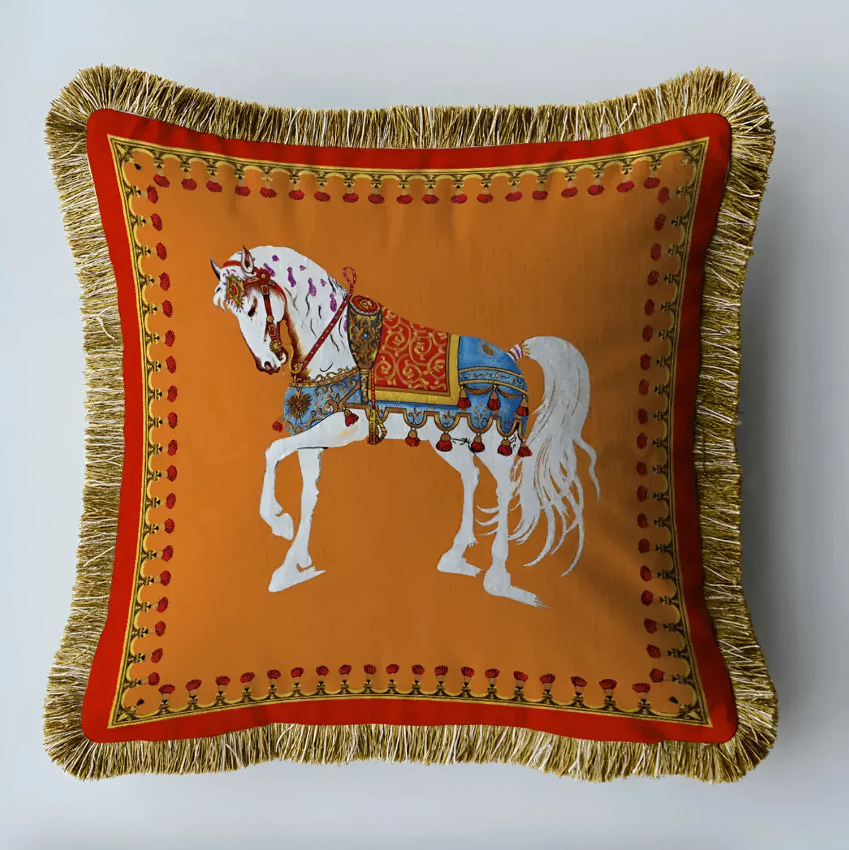 Royal Euro horse velvet throw pillow cover with fringes, featuring an elegant horse design on an orange background, perfect for home decor.