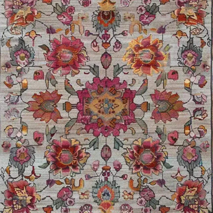 A beautifully detailed Royal Flower Tapestry Hand Knotted Area Rug featuring vibrant floral patterns in shades of pink, orange, and yellow. This square area rug, crafted from high-quality wool, offers a vintage and Persian rug aesthetic, perfect for adding a touch of elegance to any living room with its large size.