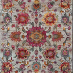 A beautifully detailed Royal Flower Tapestry Hand Knotted Area Rug featuring vibrant floral patterns in shades of pink, orange, and yellow. This square area rug, crafted from high-quality wool, offers a vintage and Persian rug aesthetic, perfect for adding a touch of elegance to any living room with its large size.