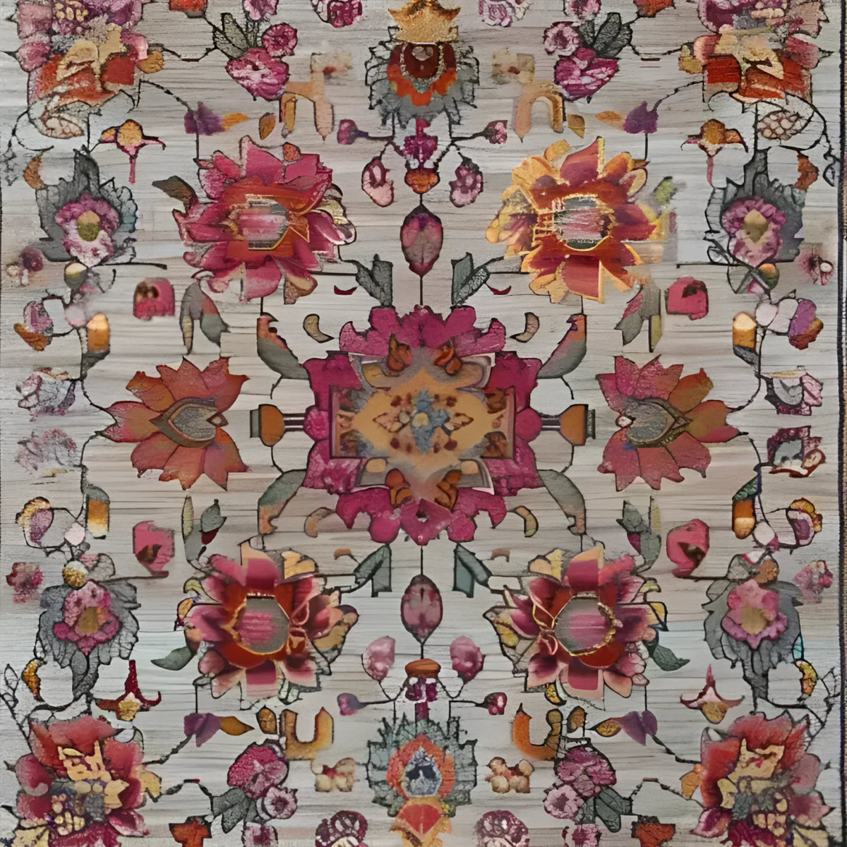 A beautifully detailed Royal Flower Tapestry Hand Knotted Area Rug featuring vibrant floral patterns in shades of pink, orange, and yellow. This square area rug, crafted from high-quality wool, offers a vintage and Persian rug aesthetic, perfect for adding a touch of elegance to any living room with its large size.