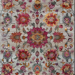 A beautifully detailed Royal Flower Tapestry Hand Knotted Area Rug featuring vibrant floral patterns in shades of pink, orange, and yellow. This square area rug, crafted from high-quality wool, offers a vintage and Persian rug aesthetic, perfect for adding a touch of elegance to any living room with its large size.