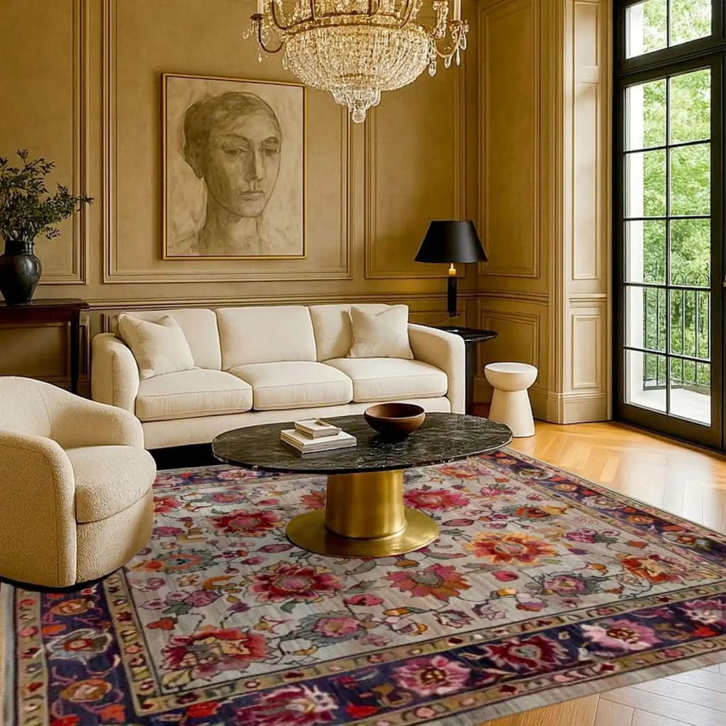 Elegant living room featuring a Royal Flower Tapestry Hand Knotted Area Rug. This large square area rug showcases vibrant floral patterns, adding a vintage charm to the room. The wool rug's intricate design complements the sophisticated decor, making it a perfect Persian-style rug for large living spaces.