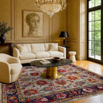 Elegant living room featuring a Royal Flower Tapestry Hand Knotted Area Rug. This large square area rug showcases vibrant floral patterns, adding a vintage charm to the room. The wool rug's intricate design complements the sophisticated decor, making it a perfect Persian-style rug for large living spaces.