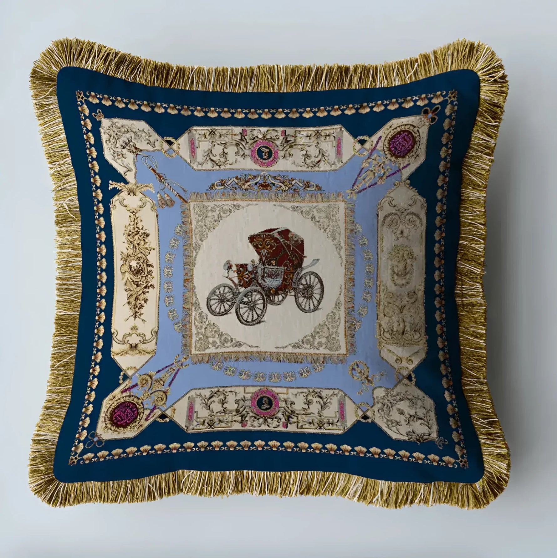 Royal Horse Cart Velvet Throw Pillow Cover with Fringes Dark Blue