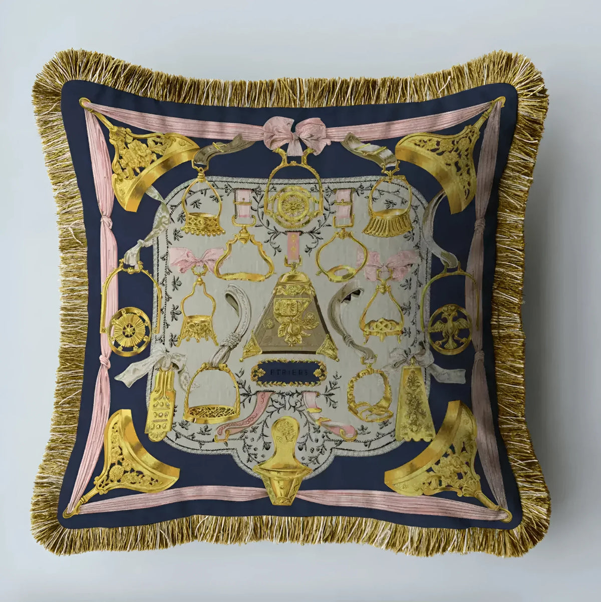 Elegant throw pillow featuring royal horse cart design with gold accents and fringes, perfect for adding a touch of luxury to your home decor.