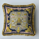 Elegant throw pillow featuring royal horse cart design with gold accents and fringes, perfect for adding a touch of luxury to your home decor.