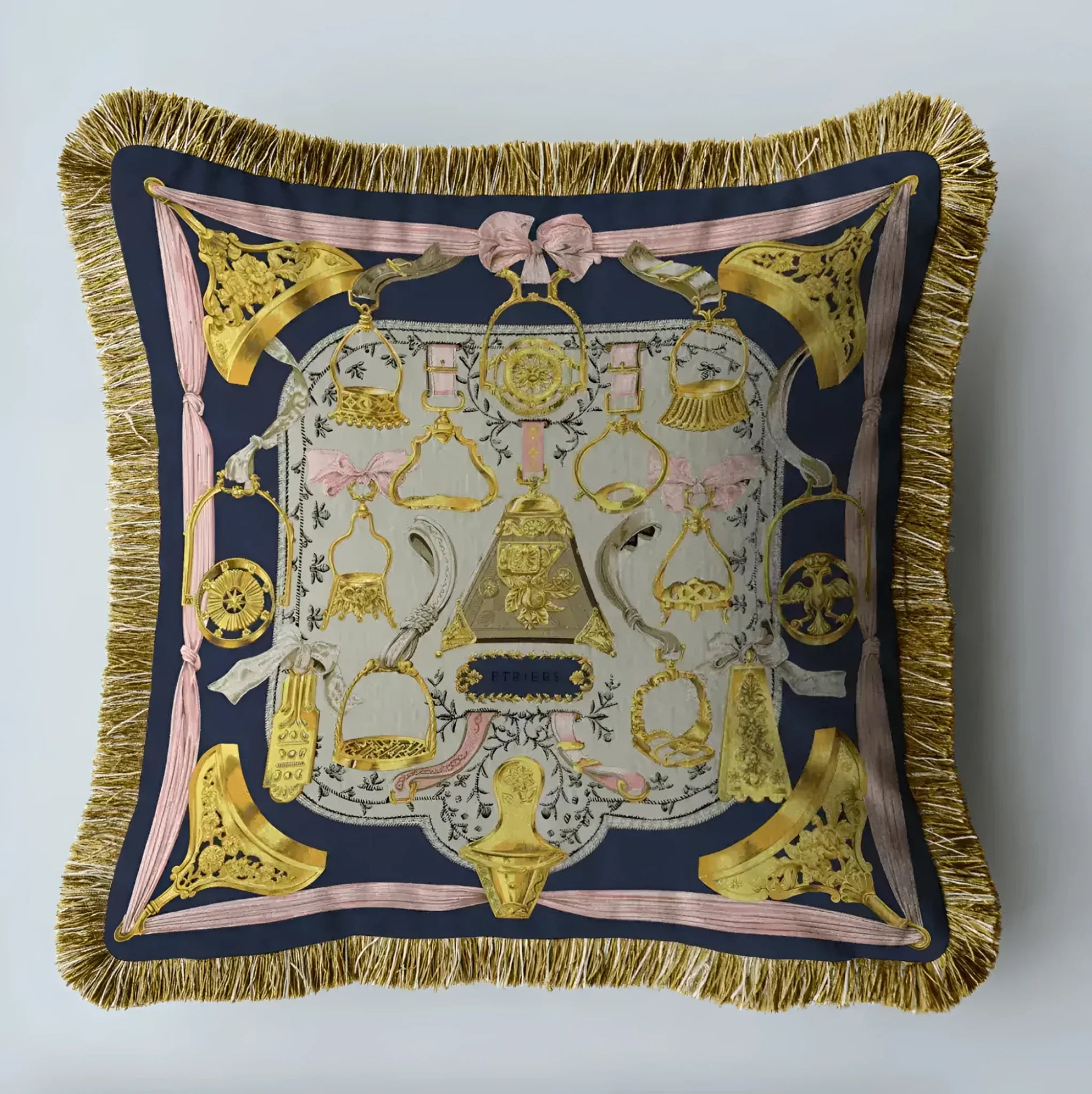 Elegant throw pillow featuring royal horse cart design with gold accents and fringes, perfect for adding a touch of luxury to your home decor.