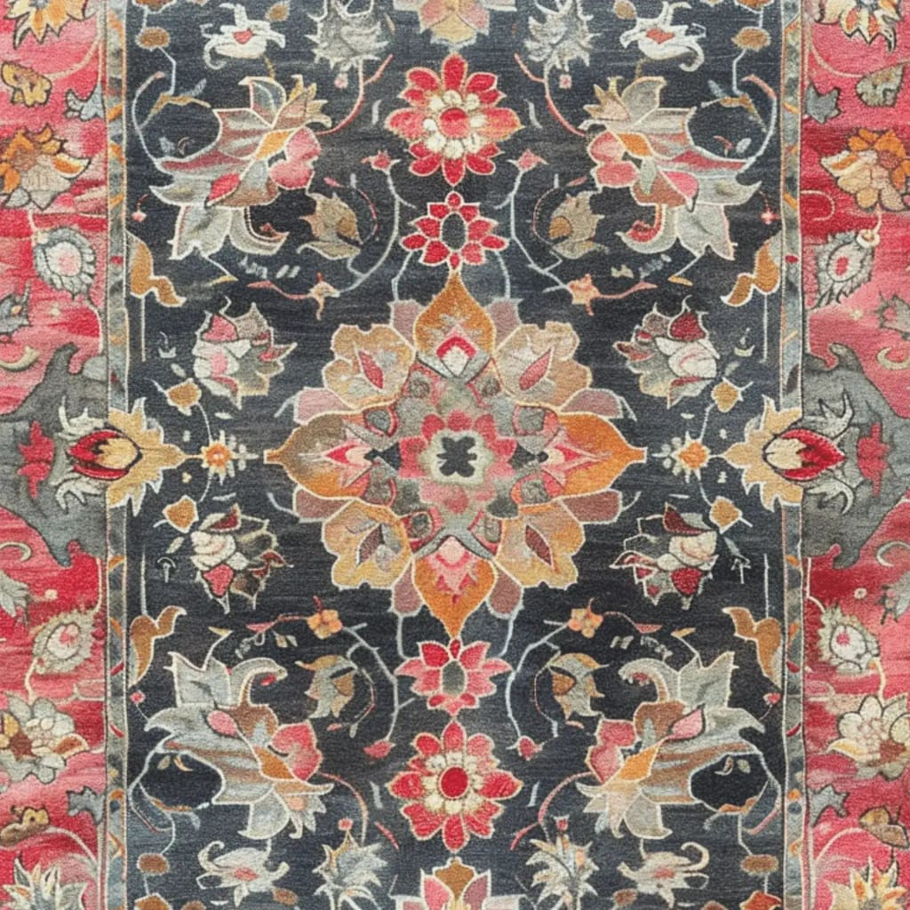 Top view of a Royal Majesty Hand Tufted Area Rug featuring intricate floral patterns in vibrant reds, oranges, and grays. This wool rug is perfect for a dining room, large living room, or formal dining room. Its Persian-inspired design adds elegance and style to any space.