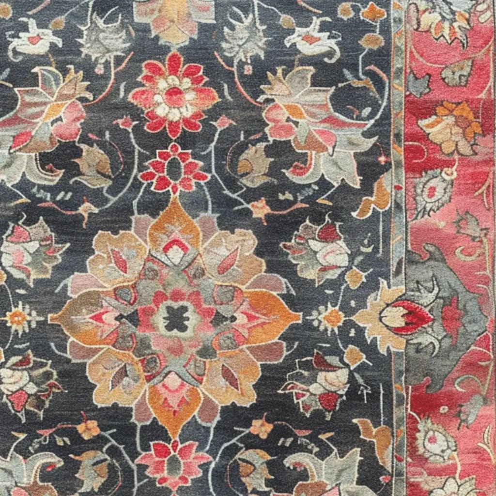 Close-up of the Royal Majesty Hand Tufted Rug showcasing a vibrant floral pattern. This beautiful area rug, perfect for a dining room or large living room, features intricate Persian designs with a rich blend of colors. Made from high-quality wool, this rug adds elegance to any formal dining room or living room setting.