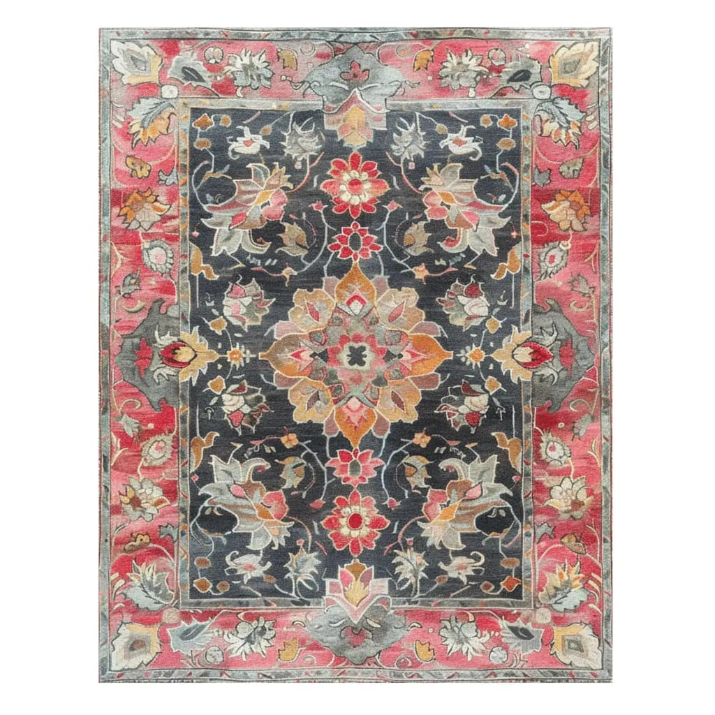 Beautiful hand tufted area rug featuring an intricate floral pattern with vibrant reds, golds, and blues, perfect for a dining room or large living room. This wool rug brings a touch of elegance and warmth, reminiscent of traditional Persian rugs, ideal for both living room and formal dining room settings.