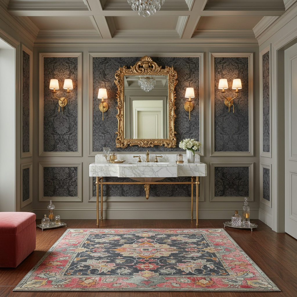 Luxurious bathroom with marble vanity, ornate mirror, and decorative rug.