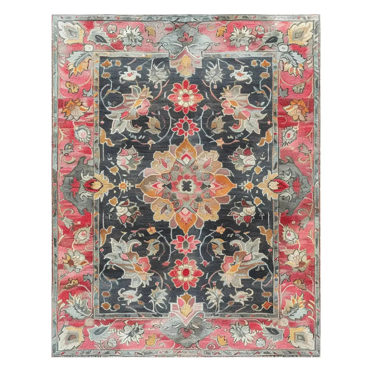 Beautiful hand tufted area rug featuring an intricate floral pattern with vibrant reds, golds, and blues, perfect for a dining room or large living room. This wool rug brings a touch of elegance and warmth, reminiscent of traditional Persian rugs, ideal for both living room and formal dining room settings.