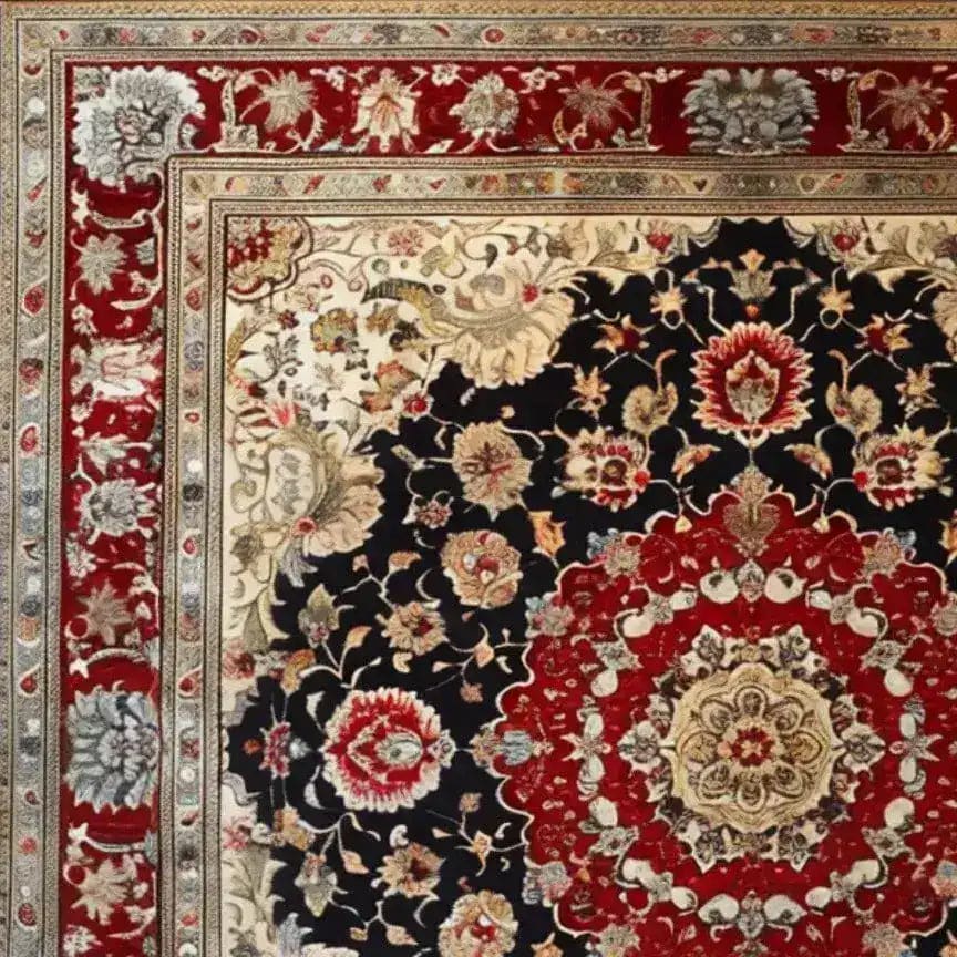 Detailed view of a Royal Persian Hand Knotted Area Rug featuring an intricate floral pattern with rich red, black, and beige tones. Perfect for adding a vintage touch to dining or living rooms, this square rug is crafted from high-quality wool, showcasing traditional Persian design elements ideal for dining room area rugs.