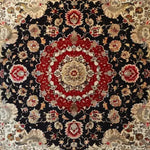 A stunning Royal Persian Hand Knotted Area Rug featuring intricate floral patterns in rich red, black, and cream hues. This vintage square area rug is perfect for enhancing the elegance of your dining room or living room. Made from high-quality wool, this Persian rug showcases traditional craftsmanship ideal for those seeking dining room area rugs with timeless design.