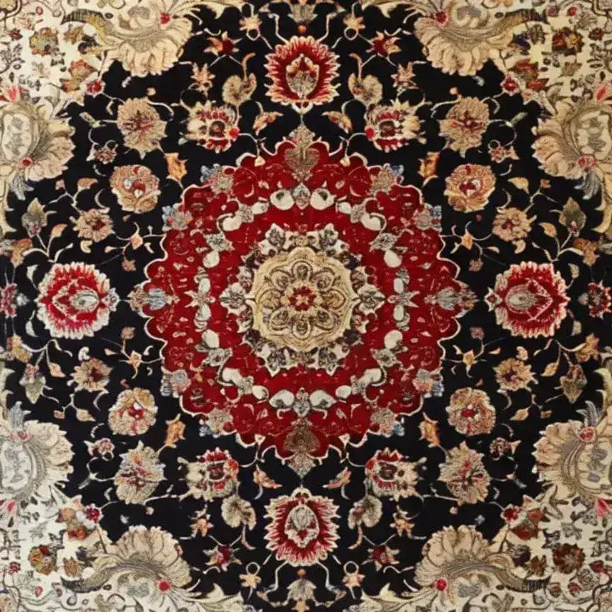 A stunning Royal Persian Hand Knotted Area Rug featuring intricate floral patterns in rich red, black, and cream hues. This vintage square area rug is perfect for enhancing the elegance of your dining room or living room. Made from high-quality wool, this Persian rug showcases traditional craftsmanship ideal for those seeking dining room area rugs with timeless design.