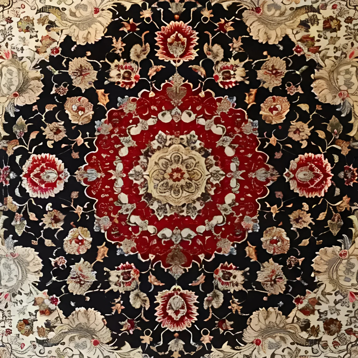 A stunning Royal Persian Hand Knotted Area Rug featuring intricate floral patterns in rich red, black, and cream hues. This vintage square area rug is perfect for enhancing the elegance of your dining room or living room. Made from high-quality wool, this Persian rug showcases traditional craftsmanship ideal for those seeking dining room area rugs with timeless design.