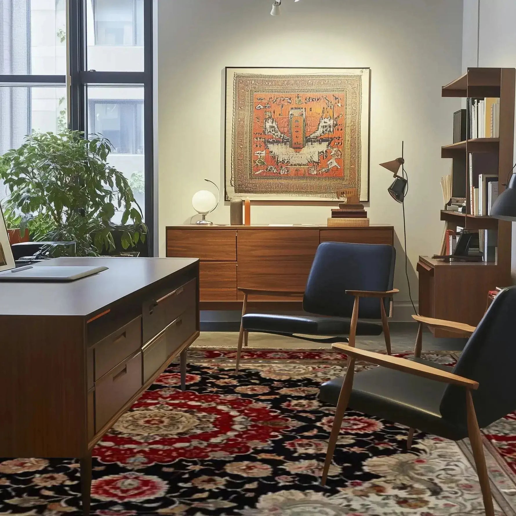 A beautifully decorated room showcasing a Royal Persian Hand Knotted Area Rug. This vintage wool rug adds elegance with its intricate patterns and rich colors, perfect for both the living room and dining room. The square area rug is complemented by mid-century modern furniture, creating a sophisticated and inviting atmosphere.