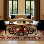 Elegant living room featuring a Royal Persian Hand Knotted Area Rug. The vintage square rug, with intricate floral patterns in rich reds and blacks, complements the cozy seating arrangement, perfect for dining or living room spaces. This wool rug adds a touch of timeless elegance and warmth to any setting, ideal for those seeking exquisite Persian rugs for their dining room area.