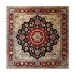 Exquisite Royal Persian Hand Knotted Area Rug featuring a rich, intricate pattern with floral designs in vibrant reds, blacks, and creams. Perfect for dining rooms or living spaces, this vintage square area rug is a stunning wool addition to any home, embodying the timeless elegance of Persian rugs.