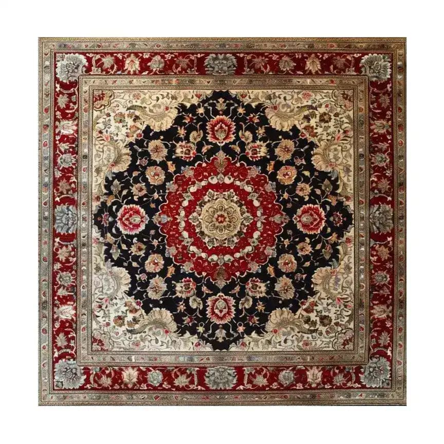 Exquisite Royal Persian Hand Knotted Area Rug featuring a rich, intricate pattern with floral designs in vibrant reds, blacks, and creams. Perfect for dining rooms or living spaces, this vintage square area rug is a stunning wool addition to any home, embodying the timeless elegance of Persian rugs.