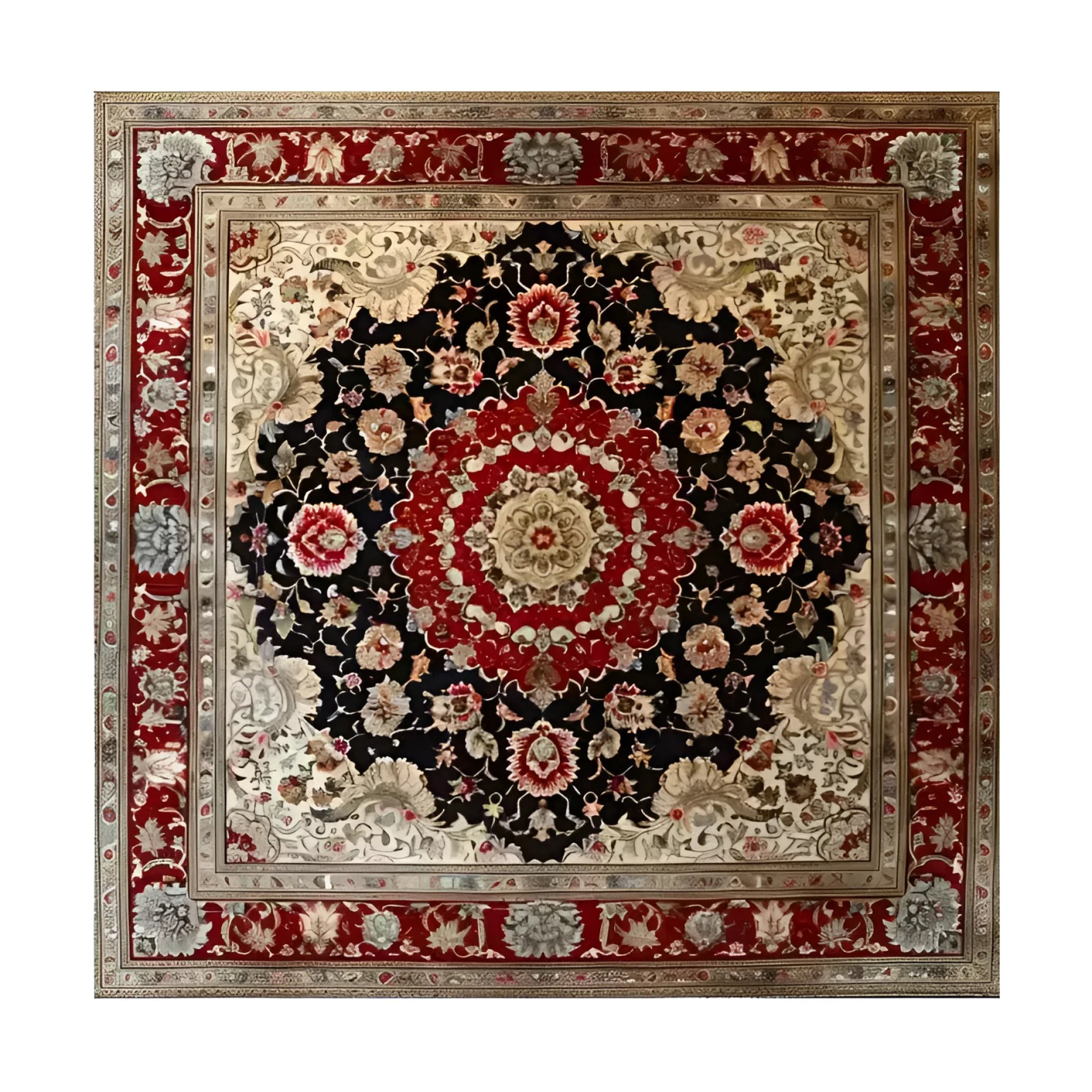 Exquisite Royal Persian Hand Knotted Area Rug featuring a rich, intricate pattern with floral designs in vibrant reds, blacks, and creams. Perfect for dining rooms or living spaces, this vintage square area rug is a stunning wool addition to any home, embodying the timeless elegance of Persian rugs.
