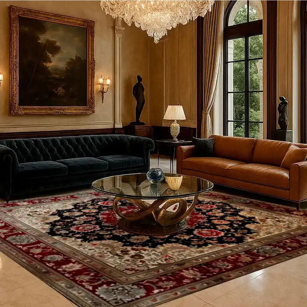 Elegant living room featuring a Royal Persian Hand Knotted Area Rug. This vintage square area rug, with intricate floral patterns, complements the luxurious decor of the dining room setting. The wool rug adds warmth and sophistication, ideal for both living room and dining room areas, showcasing the timeless beauty of Persian rugs.