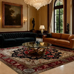 Elegant living room featuring a Royal Persian Hand Knotted Area Rug. This vintage square area rug, with intricate floral patterns, complements the luxurious decor of the dining room setting. The wool rug adds warmth and sophistication, ideal for both living room and dining room areas, showcasing the timeless beauty of Persian rugs.
