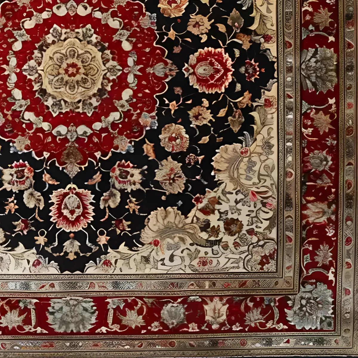 Elegant Royal Persian Hand Knotted Area Rug featuring intricate floral patterns in rich red, navy, and cream tones. This vintage square area rug is perfect for enhancing your dining room or living room with a touch of classic Persian charm. Made from high-quality wool, it's an ideal choice for those seeking a luxurious dining room area rug.