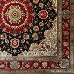 Elegant Royal Persian Hand Knotted Area Rug featuring intricate floral patterns in rich red, navy, and cream tones. This vintage square area rug is perfect for enhancing your dining room or living room with a touch of classic Persian charm. Made from high-quality wool, it's an ideal choice for those seeking a luxurious dining room area rug.