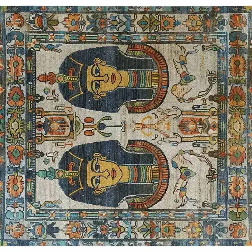 Royal Pyramid Tapestry Hand Knotted Area Rug featuring intricate Egyptian motifs, ideal for adding a touch of vintage charm to living rooms. This Persian-inspired rug showcases vibrant colors and detailed patterns, perfect for those seeking unique area rugs for living room decor.