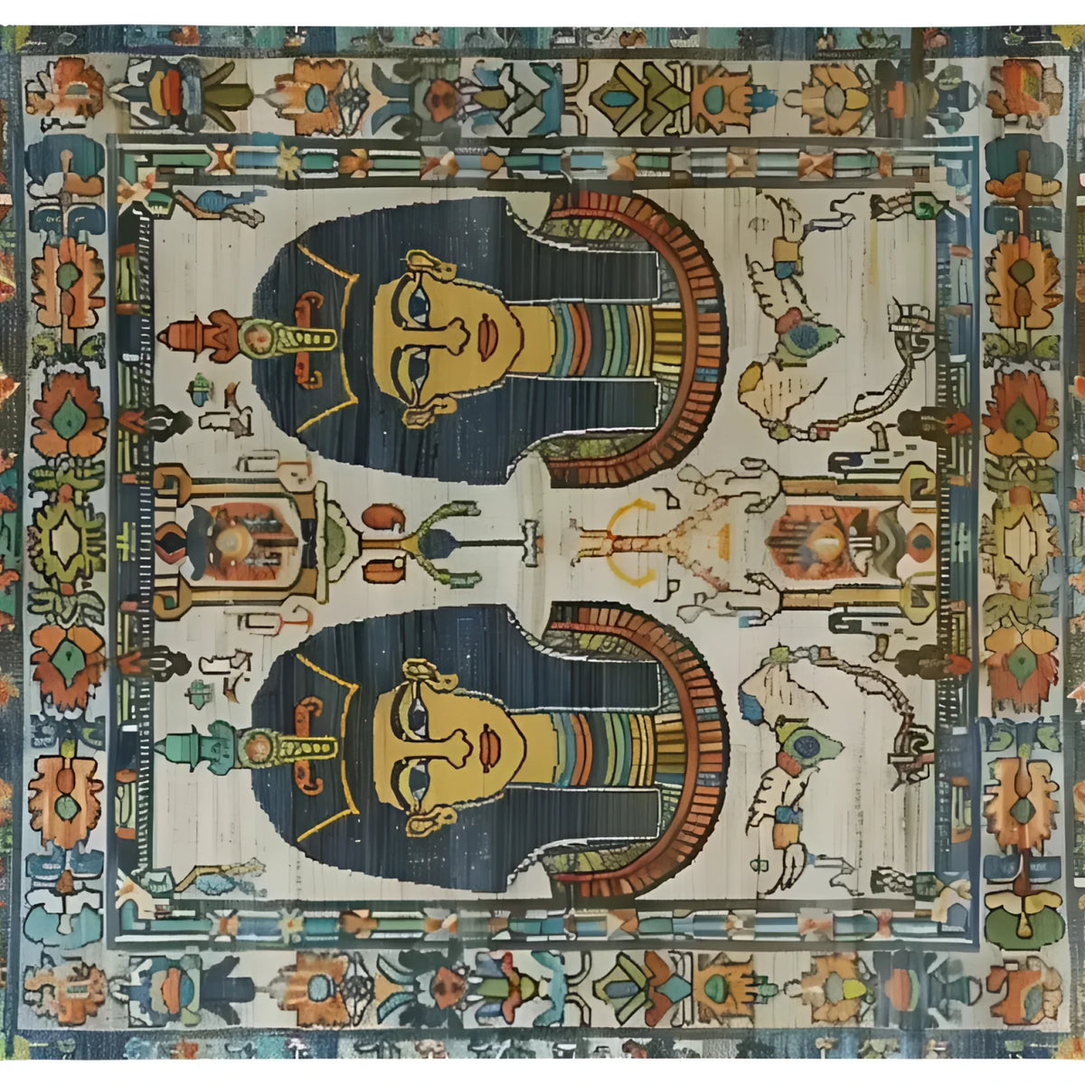 Royal Pyramid Tapestry Hand Knotted Area Rug featuring intricate Egyptian motifs, ideal for adding a touch of vintage charm to living rooms. This Persian-inspired rug showcases vibrant colors and detailed patterns, perfect for those seeking unique area rugs for living room decor.