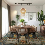 A stylish dining room featuring the Royal Pyramid Tapestry Hand Knotted Area Rug. This exquisite vintage rug, with its intricate Persian-inspired design, adds a touch of elegance to any living room. Perfect for those seeking unique area rugs for living room spaces, this rug combines vibrant colors with classic motifs.