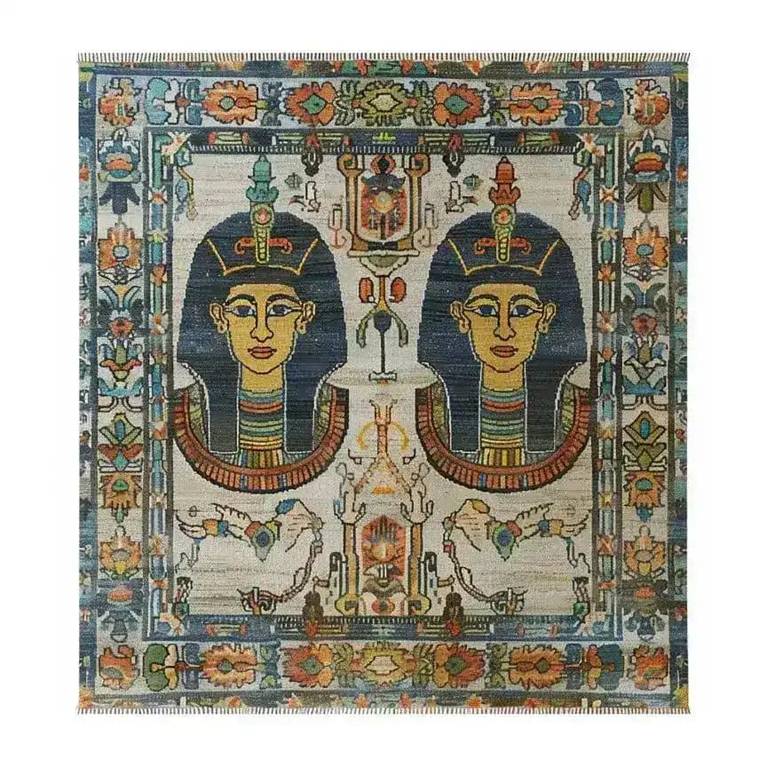 The Royal Pyramid Tapestry Hand Knotted Area Rug showcases a vibrant design featuring intricate Egyptian motifs, with two pharaoh figures surrounded by detailed floral patterns. This vintage rug is an ideal centerpiece for area rugs for living room settings, adding a touch of Persian rug elegance to your home decor.