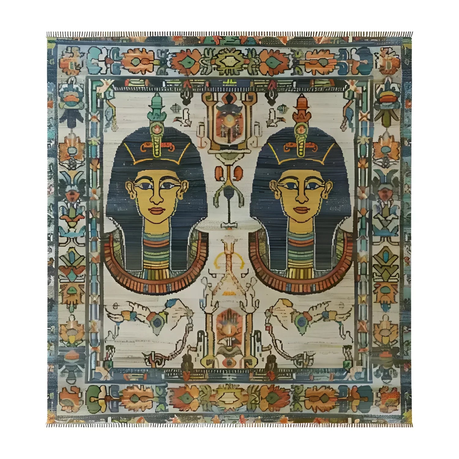 The Royal Pyramid Tapestry Hand Knotted Area Rug showcases a vibrant design featuring intricate Egyptian motifs, with two pharaoh figures surrounded by detailed floral patterns. This vintage rug is an ideal centerpiece for area rugs for living room settings, adding a touch of Persian rug elegance to your home decor.