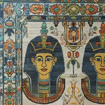 Close-up of the Royal Pyramid Tapestry Hand Knotted Area Rug, featuring vibrant Egyptian motifs with intricate patterns and rich colors, perfect for adding a vintage touch to your living room. This exquisite Persian-style rug is an ideal choice for those seeking unique area rugs for the living room.