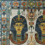 Close-up of the Royal Pyramid Tapestry Hand Knotted Area Rug, featuring vibrant Egyptian motifs with intricate patterns and rich colors, perfect for adding a vintage touch to your living room. This exquisite Persian-style rug is an ideal choice for those seeking unique area rugs for the living room.