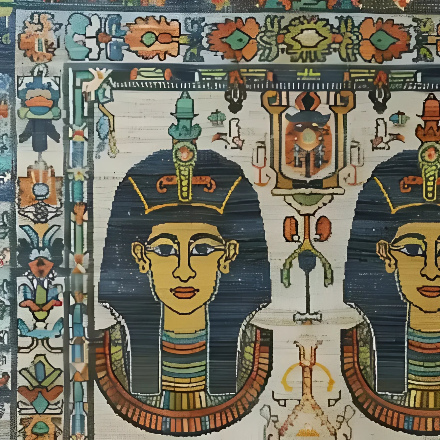 Close-up of the Royal Pyramid Tapestry Hand Knotted Area Rug, featuring vibrant Egyptian motifs with intricate patterns and rich colors, perfect for adding a vintage touch to your living room. This exquisite Persian-style rug is an ideal choice for those seeking unique area rugs for the living room.