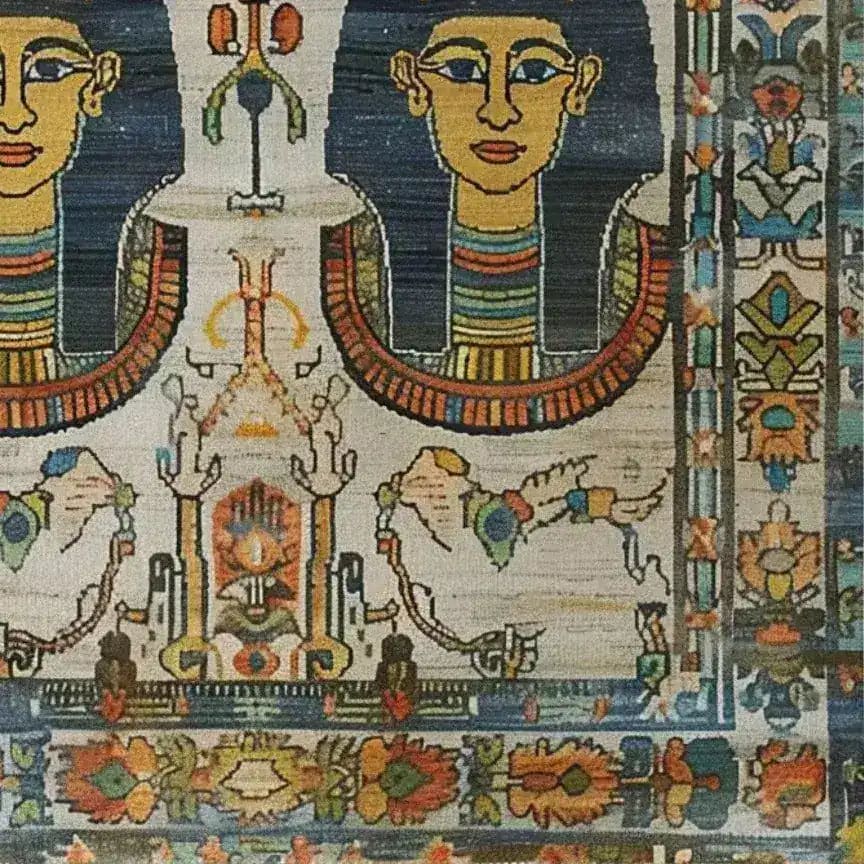 Close-up view of the Royal Pyramid Tapestry Hand Knotted Area Rug featuring vibrant Egyptian motifs with colorful, intricate designs, ideal for adding a touch of vintage elegance to any living room. Perfect as a Persian rug centerpiece.