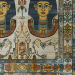 Close-up view of the Royal Pyramid Tapestry Hand Knotted Area Rug featuring vibrant Egyptian motifs with colorful, intricate designs, ideal for adding a touch of vintage elegance to any living room. Perfect as a Persian rug centerpiece.