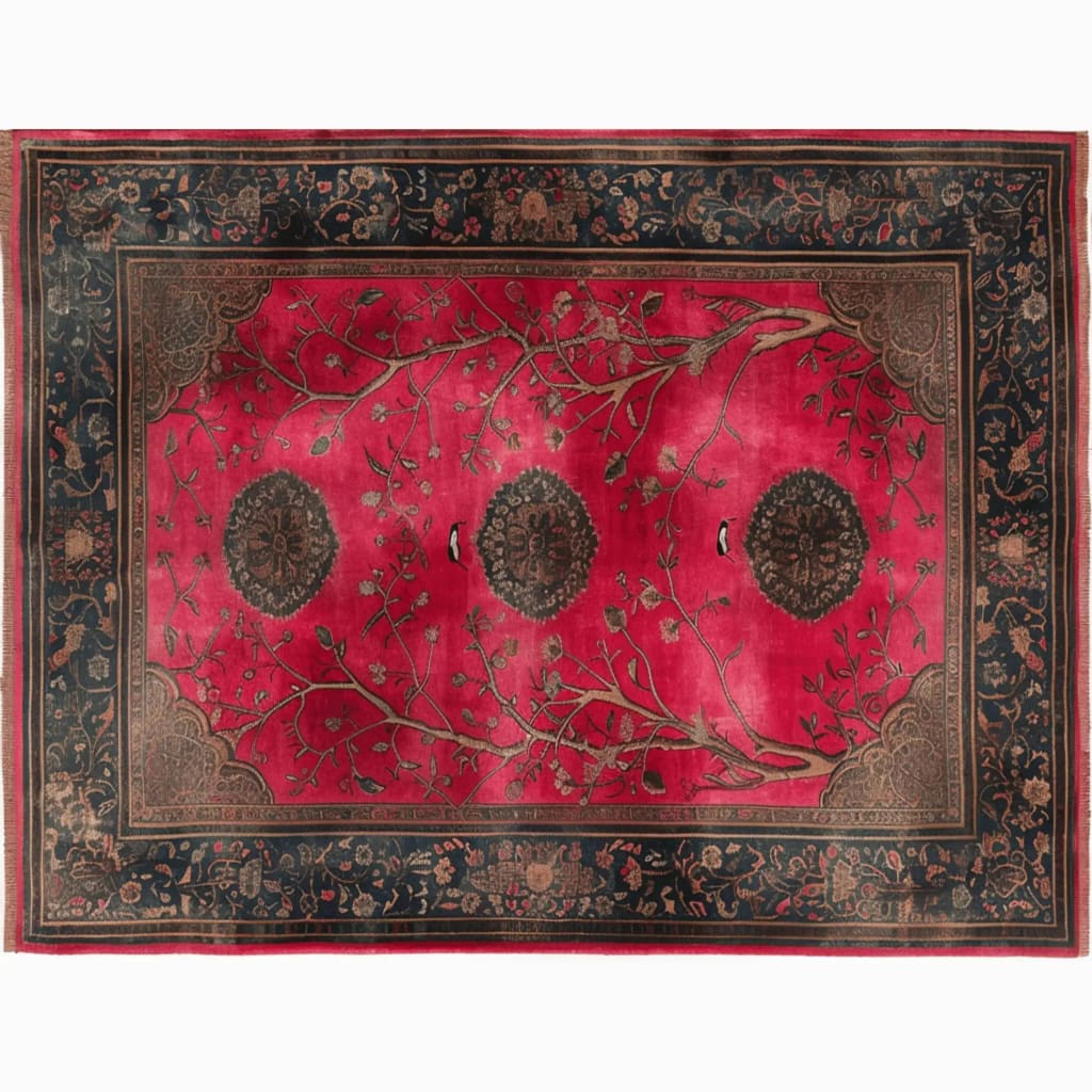 This elegant Royal Rosewood Hand Knotted Area Rug features a rich blend of red and black with intricate floral patterns. Perfect for adding a touch of vintage charm to your living room, this large Persian-inspired rug enhances any space with its classic design.