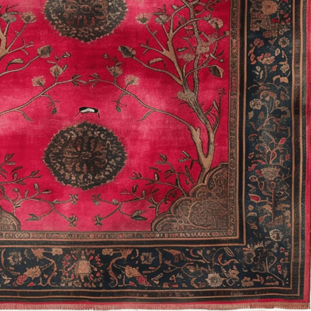A beautifully crafted Royal Rosewood Hand Knotted Area Rug showcasing intricate floral designs and elegant tree motifs on a rich red background, perfect for adding a touch of vintage charm to any living room. This large Persian rug exudes sophistication and is ideal for those seeking exquisite area rugs for living room decor.