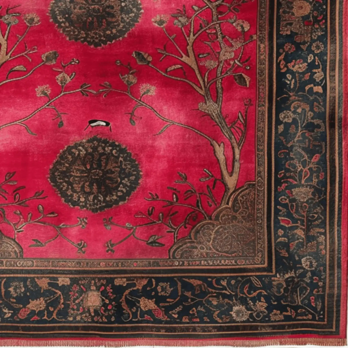 A beautifully crafted Royal Rosewood Hand Knotted Area Rug showcasing intricate floral designs and elegant tree motifs on a rich red background, perfect for adding a touch of vintage charm to any living room. This large Persian rug exudes sophistication and is ideal for those seeking exquisite area rugs for living room decor.