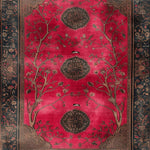 This stunning Royal Rosewood Hand Knotted Area Rug features an intricate design with a vintage flair, perfect for adding elegance to any living room. The rug showcases a vibrant red background with ornate floral patterns and medallions, reminiscent of traditional Persian rugs. Its large size makes it ideal for living rooms, providing a luxurious and inviting atmosphere.