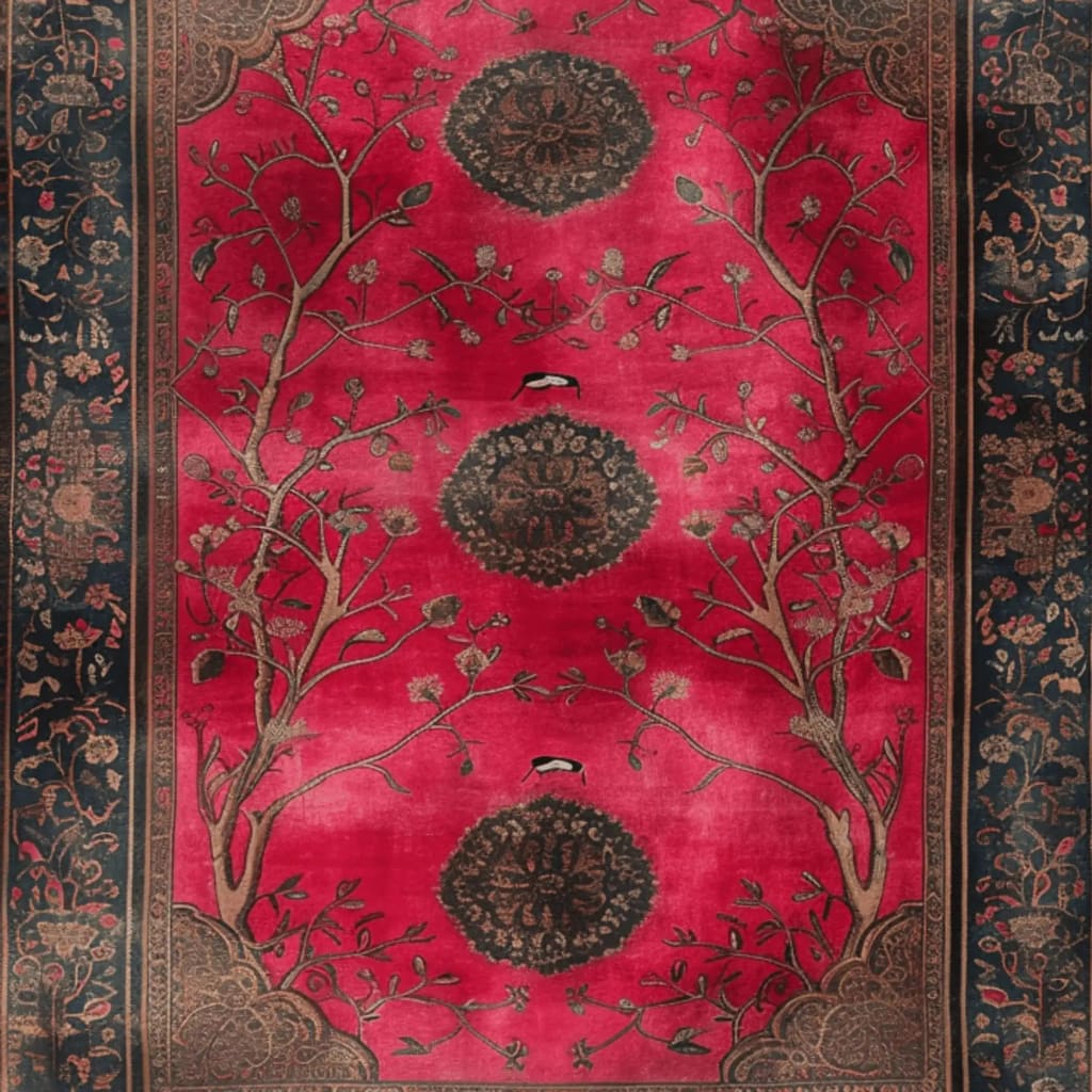 This stunning Royal Rosewood Hand Knotted Area Rug features an intricate design with a vintage flair, perfect for adding elegance to any living room. The rug showcases a vibrant red background with ornate floral patterns and medallions, reminiscent of traditional Persian rugs. Its large size makes it ideal for living rooms, providing a luxurious and inviting atmosphere.