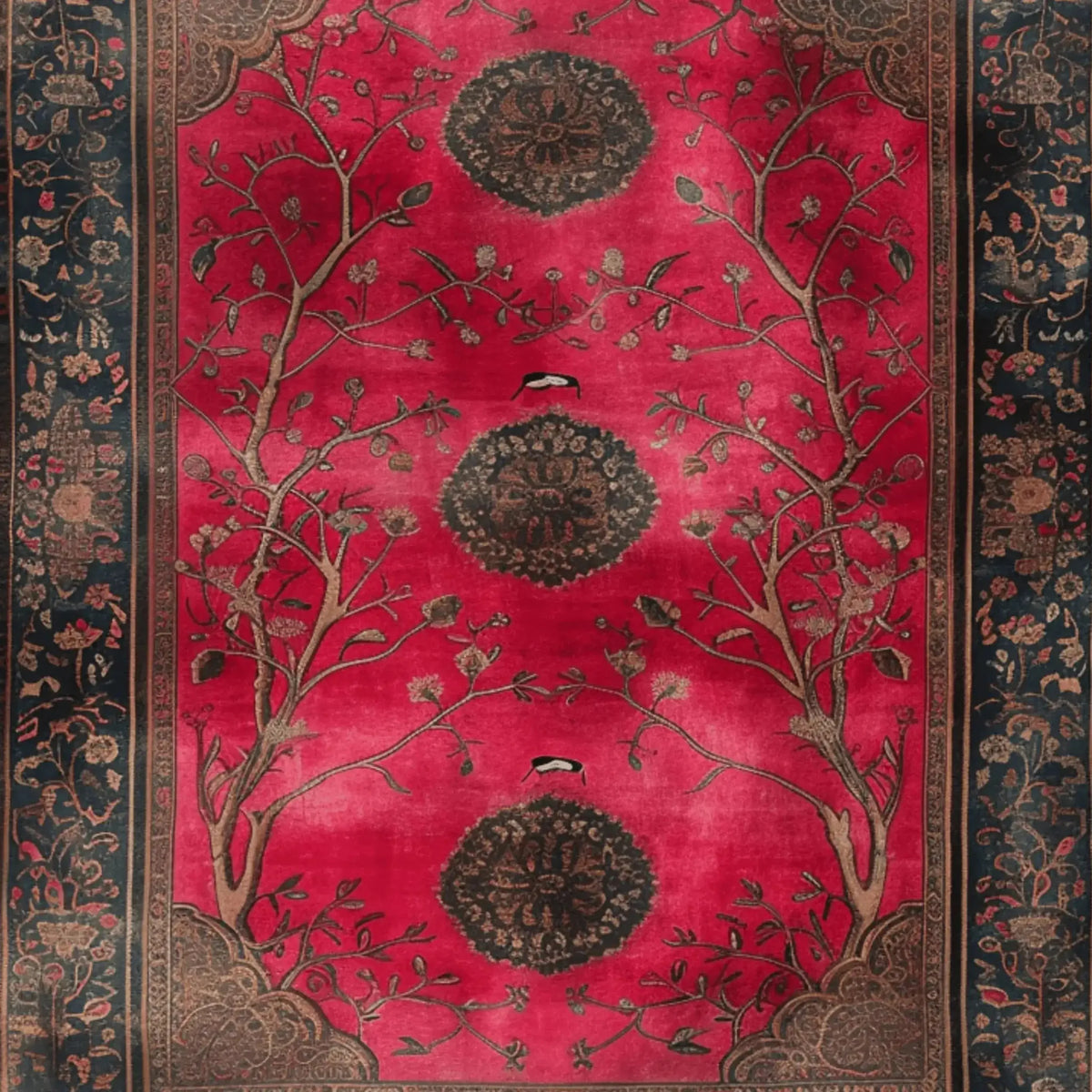 This stunning Royal Rosewood Hand Knotted Area Rug features an intricate design with a vintage flair, perfect for adding elegance to any living room. The rug showcases a vibrant red background with ornate floral patterns and medallions, reminiscent of traditional Persian rugs. Its large size makes it ideal for living rooms, providing a luxurious and inviting atmosphere.