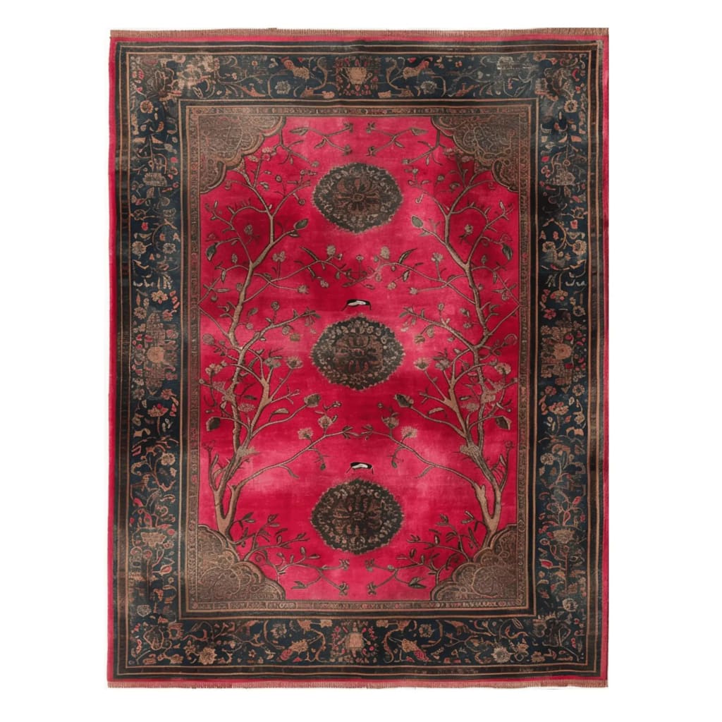 Top view of the Royal Rosewood Hand Knotted Area Rug, showcasing a vibrant red and black Persian design. This vintage rug features intricate floral patterns with a classic border, ideal for large living rooms and adding an elegant touch to any space.