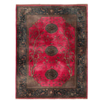 Top view of the Royal Rosewood Hand Knotted Area Rug, showcasing a vibrant red and black Persian design. This vintage rug features intricate floral patterns with a classic border, ideal for large living rooms and adding an elegant touch to any space.