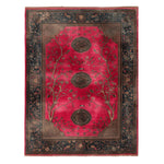 Top view of the Royal Rosewood Hand Knotted Area Rug, showcasing a vibrant red and black Persian design. This vintage rug features intricate floral patterns with a classic border, ideal for large living rooms and adding an elegant touch to any space.