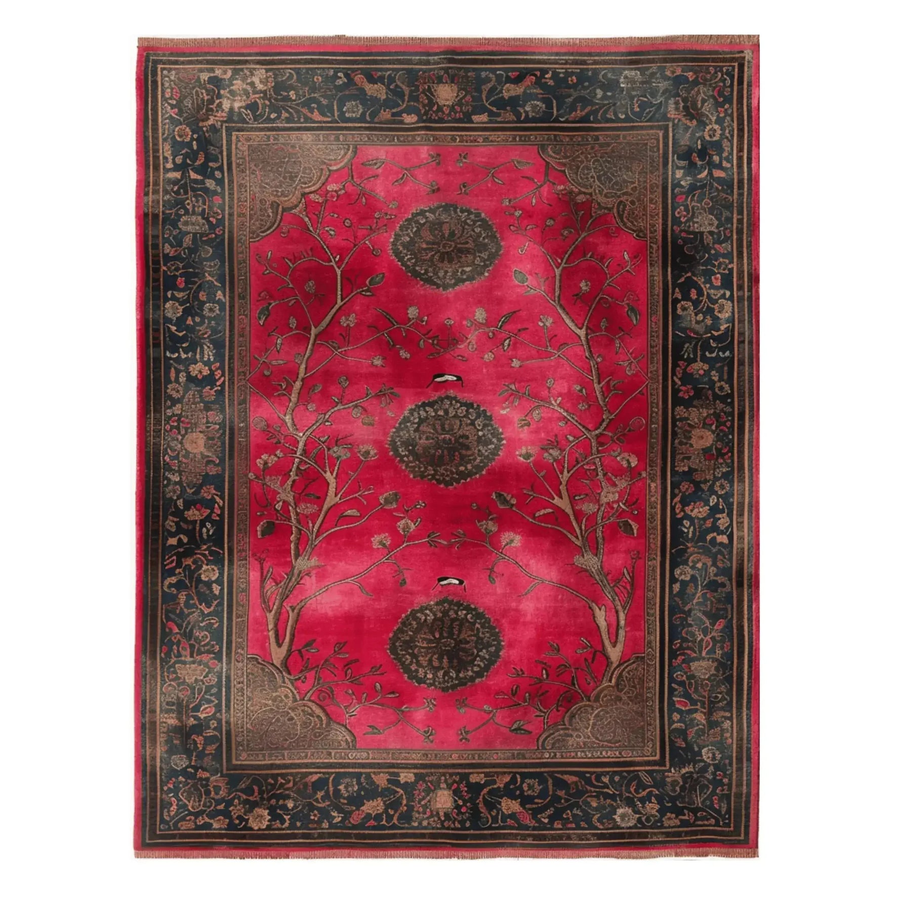 Top view of the Royal Rosewood Hand Knotted Area Rug, showcasing a vibrant red and black Persian design. This vintage rug features intricate floral patterns with a classic border, ideal for large living rooms and adding an elegant touch to any space.